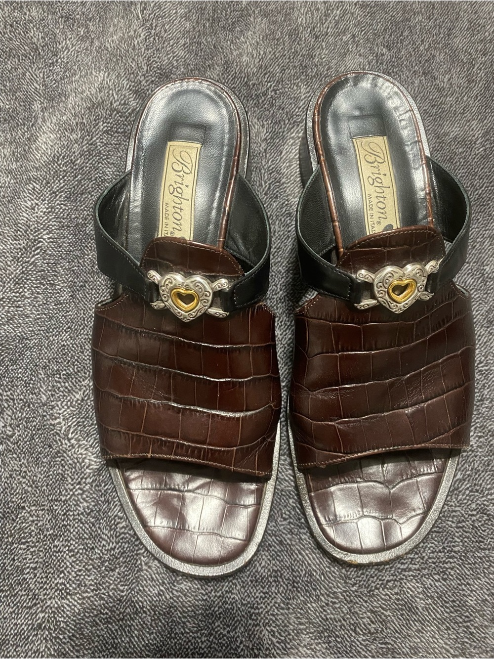 Brighton Brown Croc Embossed Heart Slide Sandals
